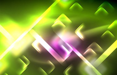 Bulanık efektler ile koyu arka planda Neon kare ve hat ışıkları