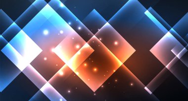 Neon parlayan tekno kare dikdörtgen çizgiler, mavi hi-tech fütüristik soyut arka plan