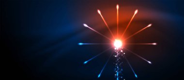 Kutlama tasarım için Fireworks karanlık gece arka plan. Mavi soyut arka plan. Doğum günü partisi. Şenlikli sanat geçmişi. Uzay arka planı. Gece partisi. Noel arifesi.