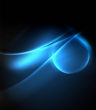 Parlak neon ışık hareket dalgaları ile karanlık alan. Soyut konsept grafik elemanı. Vektör Neon arka plan. Teknoloji arka planı