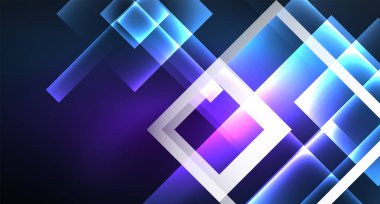 Neon parlayan tekno kare dikdörtgen çizgiler, mavi hi-tech fütüristik soyut arka plan