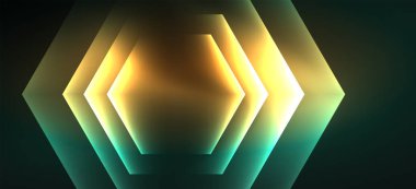 Parlak altıgen Neon şablonu. Fütüristik dijital teknoloji konsepti. Vektör soyut grafik tasarım.