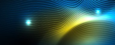 Mavi Neon renkli ışık arka planda pürüzsüz dalga hatları. Karanlık, parlak hareket, sihirli uzay ışık üzerinde parlayan soyut dalga