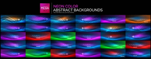 Mega set of blue neon glowing wave backgrounds. Abstract shiny templates with lights effects. Universal magic glow wallpapers — Stock Vector