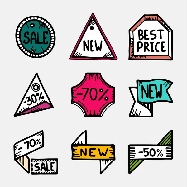 Set of colorful hand drawn sale tags. Best price, new, sale, discount and other labels. Paper stickers sketch icon set — Stock Vector