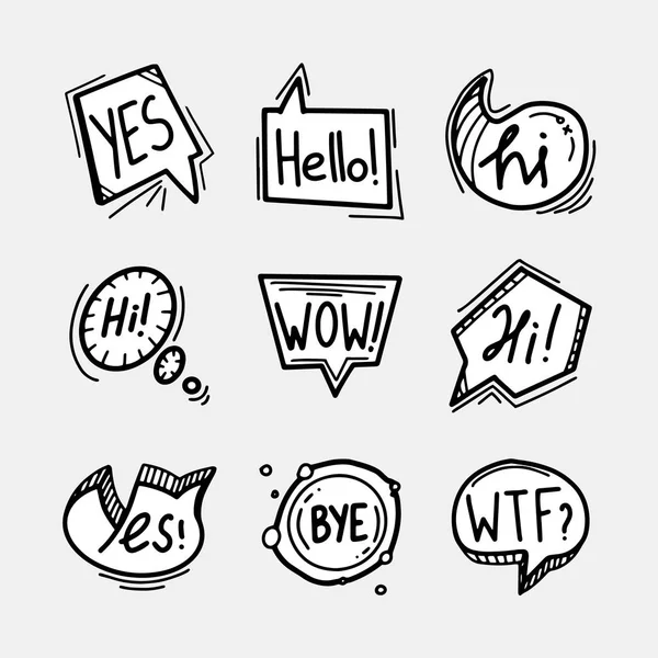 Set of hand drawn speech bubbles, clouds and balloons with some text. Social web internet icons, symbols, logos, banners — Stock Vector