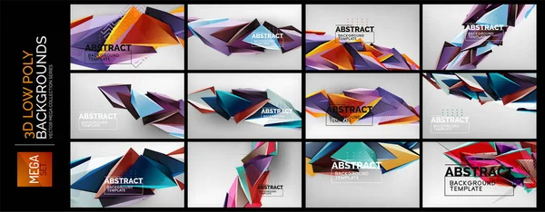 Mega set of 3d triangle low poly design abstract backgrounds. Colorful polygonal concepts, bright color geometric shapes on light grey wallpapers — Stock Vector