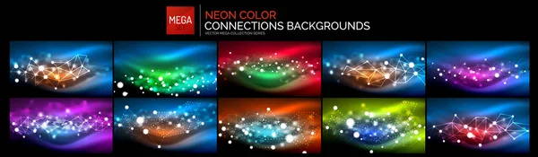 Mega conjunto de internet o conexiones de datos tecnología fondos conceptuales. Colores brillantes de neón con líneas abstractas y puntos conectados . — Vector de stock