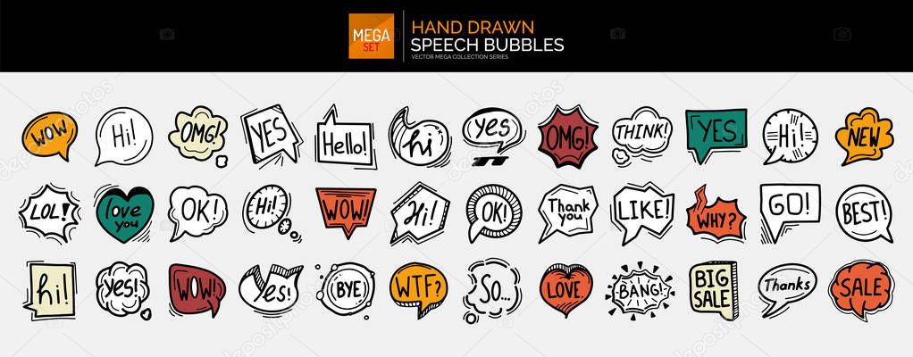 Mega set of hand drawn speech bubbles, clouds and balloons with some text. Social web internet icons, symbols, logos, banners