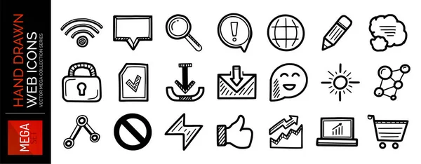 Set of hand drawn black web internet icons: wifi, speech bubble, magnifier, pencil, lock, email, stop and other symbos. Vector sketch style design — Stock Vector