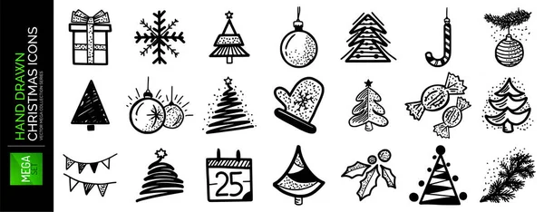 Set of hand drawn Christmas and New Year icons. Gift, snowflake, Christmas tree or pine, candy, toy ball or sphere, winter mitten, holiday party elements — Stock Vector