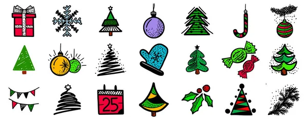 Conjunto de iconos de Navidad y Año Nuevo multicolores dibujados a mano. Regalo, copo de nieve, árbol de Navidad o pino, caramelo, bola de juguete o esfera, manopla de invierno, elementos de fiesta de vacaciones — Vector de stock