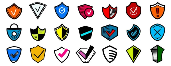 Hand drawn multicolored security shields icons, sketch of safety, defense confirmation marks — Stock Vector