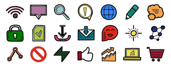 Set hand getekende kleur Web Internet icons WiFi, toespraak bubble, Vergrootglas, potlood, vergrendelen, e-mail, stop en andere symbos. Vector schets stijl ontwerp — Stockvector