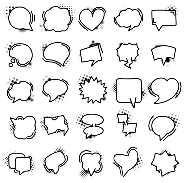 Ensemble d'icônes de bulle de parole dessinées à la main avec des textures demi-tons. Communication, chat, concepts de message — Image vectorielle