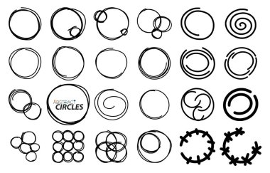 Hand drawn round frames, circles. Set of sketch icons, logos, backgrounds clipart