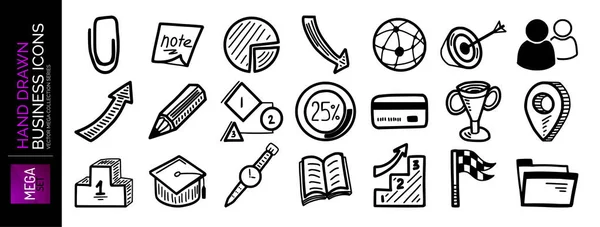 Set of hand drawn business and office, finance icons - stitcher, note, chart, target, user, arrow, growth and other icons — Stock Vector