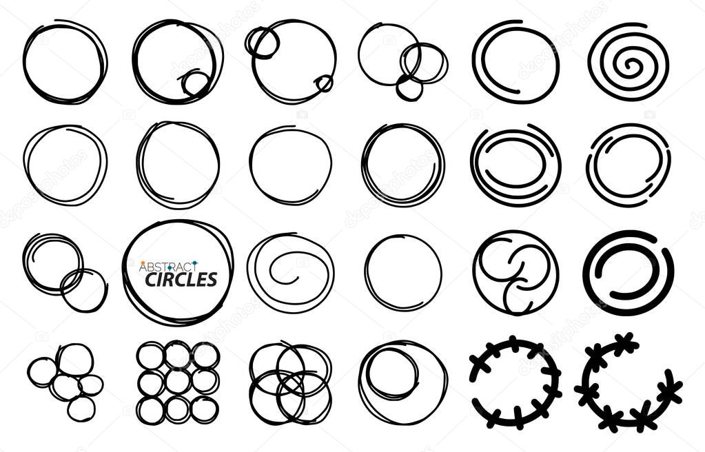 Hand drawn round frames, circles. Set of sketch icons, logos, backgrounds