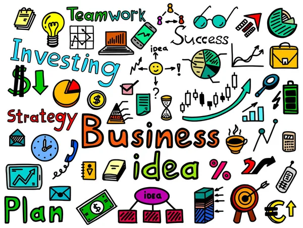 Strategia di business idea, investire, set di icone disegnate a mano. Simboli finanziari e schizzi di parole — Vettoriale Stock