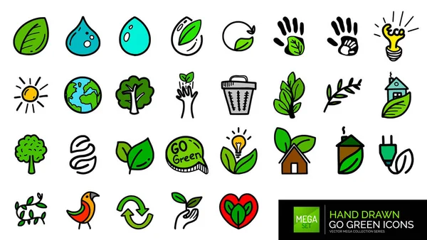 Dibujado a mano natural ir verde garabato iconos — Vector de stock