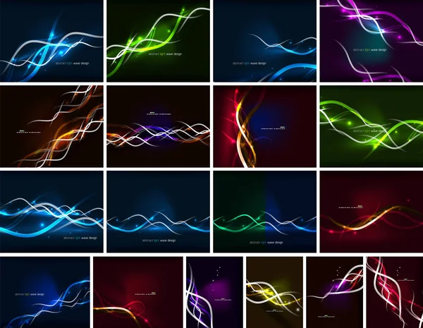動きの背景を流れる輝くネオン波線のセット。黒色の波エネルギー、フラクタルデザイン — ストックベクタ