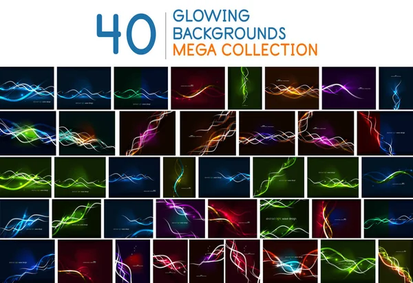 Mega set of glowing neon wave lines flowing motion background. Wave energy in black color, fractal design — Stock Vector