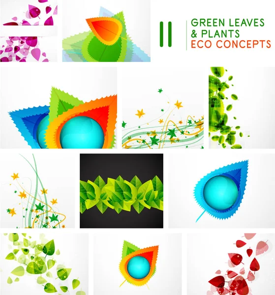 Sæt af grønne natur begreber og baggrunde. Grøn verden ideer, bladmønstre, planter voksende, glaskugler med blade – Stock-vektor