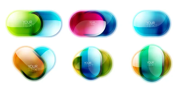 Zestaw błyszczące okrągłe szklane wzory przycisków, błyszczące ikony dla tekstu lub logo. Ramka lub banery w ramce internetowej z efektem 3D — Wektor stockowy