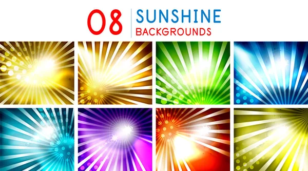 Shiny sunny flares abstract background collection. Bright solar glow lights, sky conceptual templates — Stock Vector