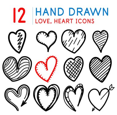 El çizilmiş aşk seti, kalpler simgeleri. Sevgililer günü sembol koleksiyonu. Romantizm, evlilik kavramları amblemler