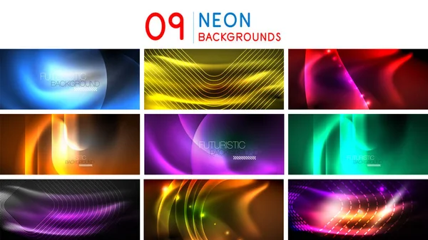Set of shiny glowing backgrounds, neon graphic futuristic energy concepts, fluid color waves — Stock Vector