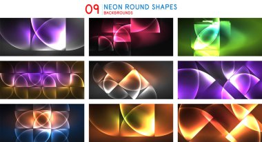 Yuvarlak üçgen kompozisyon arka planlar kümesi, siyah soyut parlak hareket. Fütüristik parlayan neon afişler