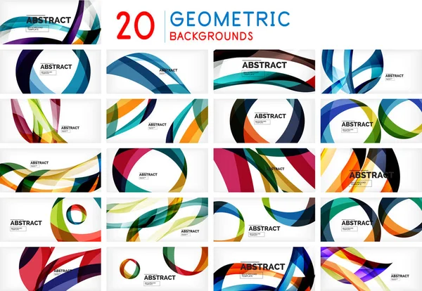 白い背景に幾何学的な波、円とストライプのセット。抽象的なデザインパターン、技術やビジネステーマのための創造的なモーションポスター. — ストックベクタ