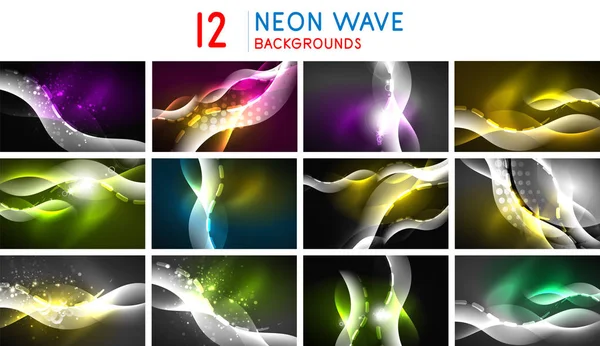 Set of neon shiny abstract wave backgrounds, dynamic energy motion concepts with blurred line elements. Flowing technology banners. — Stock Vector