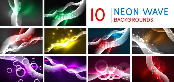 Set of neon shiny abstract wave backgrounds, dynamic energy motion concepts with blurred line elements. Flowing technology banners. — Stock Vector