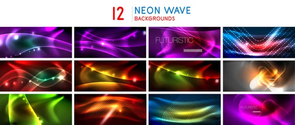 Set di sfondi d'onda astratti brillanti al neon, concetti di movimento energetico dinamico con elementi di linea sfocati. Bandiere di tecnologia fluente . — Vettoriale Stock