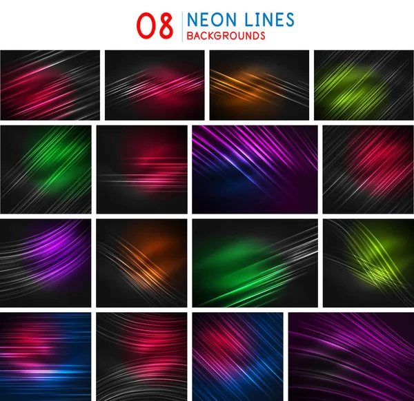 Set of glowing straight neon lines flowing backgrounds, flow abstract banners, motion technology dynamic design. Futuristic energy magic flashes — Stock Vector