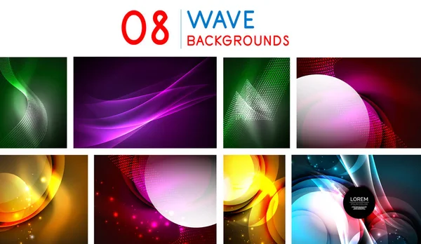 Set van abstracte Neon grafisch ontwerp achtergronden, digitale geometrische futuristische lichtpatronen. Vloeiende techno templates — Stockvector