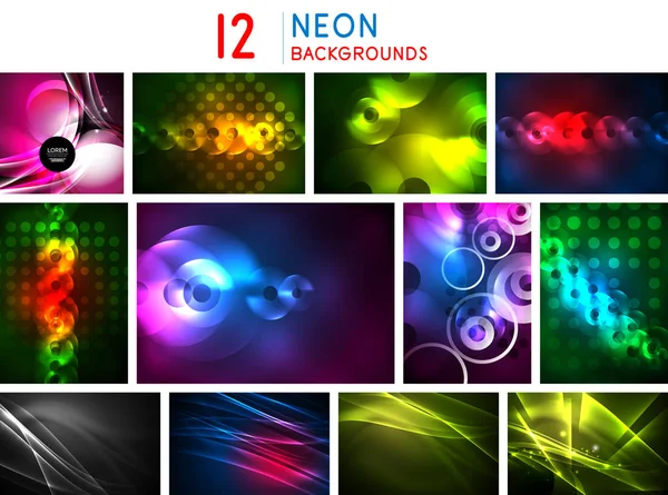 Set van abstracte Neon grafisch ontwerp achtergronden, digitale geometrische futuristische lichtpatronen. Vloeiende techno templates — Stockvector