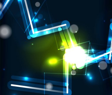 Neon zig zag çizgileri, parlak kıvılcımlı iz sürme efekti siyah arka planda. Neon parıltıları