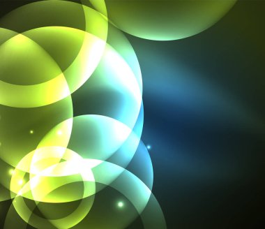 Işık neon kızdırma daireler arka plan, parlak yuvarlak şekiller ve elektrik efektleri ile parlak afiş.