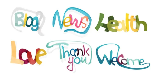 Letras de palavras coloridas desenhadas à mão - blog, notícias, saúde, amor, obrigado, bem-vindo. Arte vetorial —  Vetores de Stock