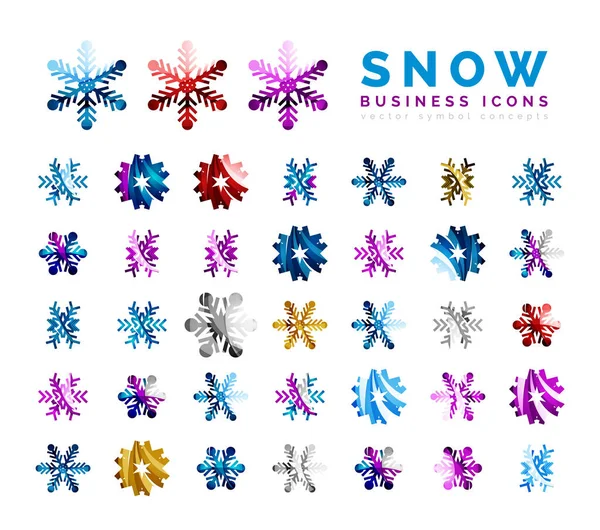 Conjunto de invierno copo de nieve iconos de estilo mínimo. Copos de nieve de color en blanco. Plantillas de logotipo de negocios, vacaciones de Año Nuevo y símbolos de Navidad — Vector de stock