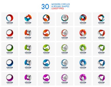 Çemberin soyut tasarım logotları, yuvarlak vektör logo dizayn şablonları, kıvrımlı veya spiral efektli internet simgeleri kümesi