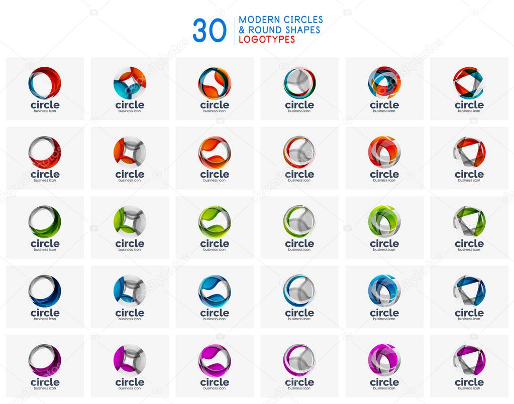 Set of circle abstract design logotypes, round vector logo design templates, internet icons with twist or spiral effect. Vector art