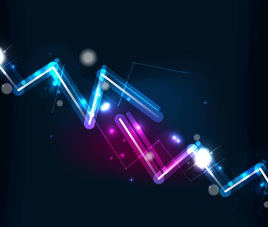 Neon zig zag çizgileri, parlak kıvılcımlı iz sürme efekti siyah arka planda. Neon parıltıları