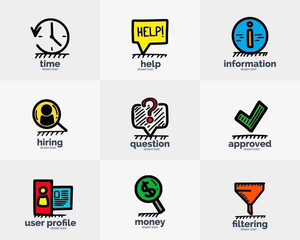 Iconos web dibujados a mano: búsqueda de dinero, perfil de usuario, filtrado, información, ayuda, tiempo, marca de verificación, preguntas y conceptos de contratación . — Archivo Imágenes Vectoriales