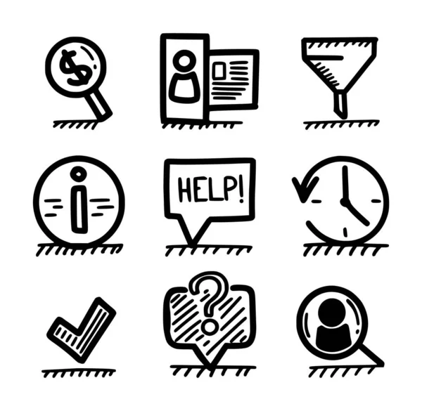 Hand drawn web icons - money finding, user profile, filtering, information, help, time, tick mark, question and hiring concepts. — Stock Vector