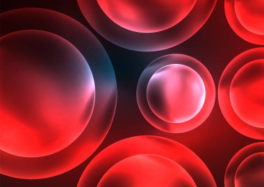 Parlayan neon parlak şeffaf kabarcıklar, cam daireler ya da biyo hücre konsepti. Duvar kağıdı, bayrak, arkaplan, kart, kitap illüstrasyonu, iniş sayfası için tekno fütüristik vektör soyut arkaplan