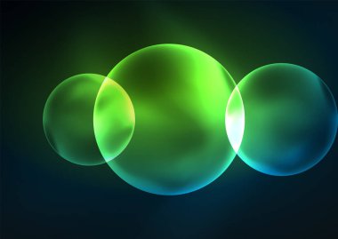 Parlayan neon parlak şeffaf kabarcıklar, cam daireler ya da biyo hücre konsepti. Duvar kağıdı, bayrak, arkaplan, kart, kitap illüstrasyonu, iniş sayfası için tekno fütüristik vektör soyut arkaplan